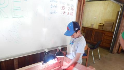Youth petting tortoise in cedar box under lamp.