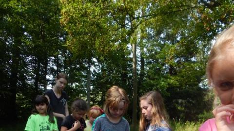 Day campers walk from one platform to another on overlapped wooden planks.
