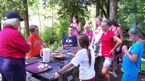 Youth gathered around a table listening to CCE educator.