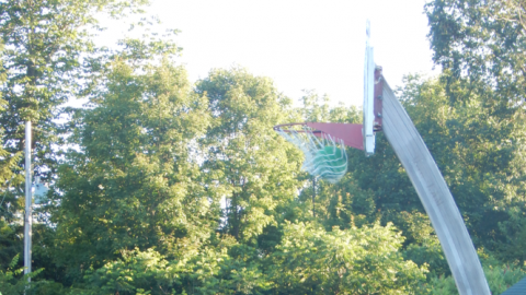 basketball coming through net as youth and counselor look on.
