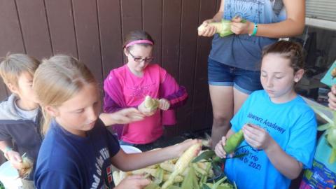 Campers husk ears of corn. 
