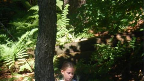 Camper holding a fishing pole and looking at the ground. 